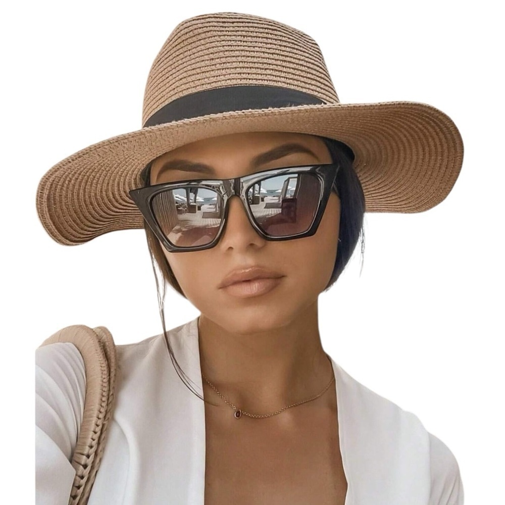 Straw Sun Hat Tan Fedora with Black Sash New with Tags One Size Adjustable Band - Picture 15 of 15